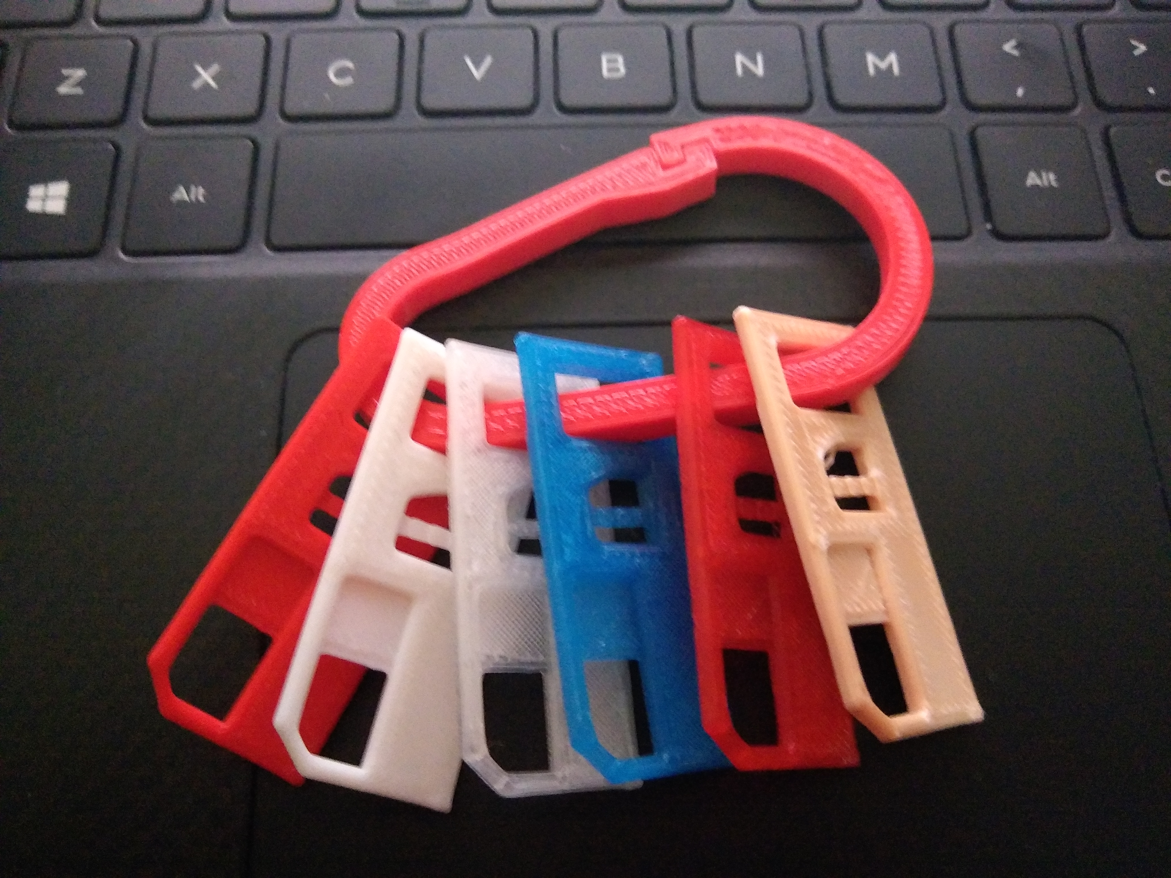 Shows a 3d printed carabiner containing 6 differently 3d printed colored tags